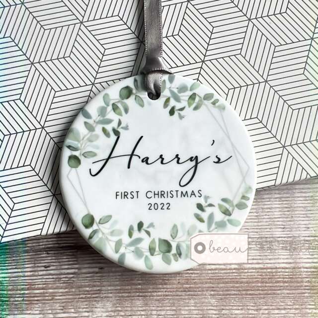 Personalised First Christmas Baby Boy Girl Geometric Greenery Leaf Design Ceramic Or Acrylic Round Ornament Keepsake
