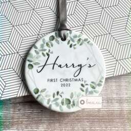 Personalised First Christmas Baby Boy Girl Geometric Greenery Leaf Design Ceramic Or Acrylic Round Ornament Keepsake