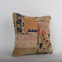 Vintage Turkish Kilim Pillow Cover 16'' Handwoven Wool Throw - thumbnail 2