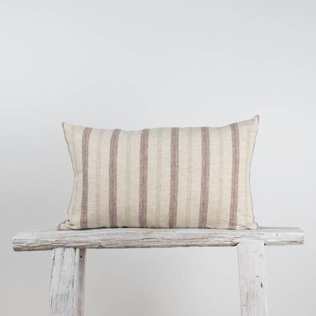 Rustic Linen Lumbar Pillow Cover, Red Brown Stripes, Farmhouse Cushion - image 1