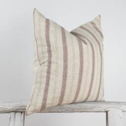 Rustic Linen Lumbar Pillow Cover, Red Brown Stripes, Farmhouse Cushion - thumbnail 3