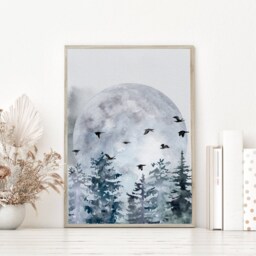 Full Moon Print, Phase Lounge Wall Art, Watercolour Artwork, Gallery Wall, Illustration, Lunar Prints UK A5, A4, A3 - thumbnail 2