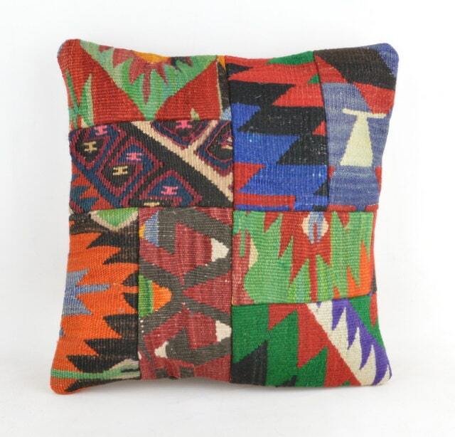 Kilim Pillow Patchwork Wool , Front Side Patchwork Unico, 40x40 cm .16x16Inc , Kilim Cover, Home D??cor , Throw Decorative - image 1