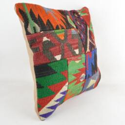 Kilim Pillow Patchwork Wool , Front Side Patchwork Unico, 40x40 cm .16x16Inc , Kilim Cover, Home D??cor , Throw Decorative - thumbnail 2