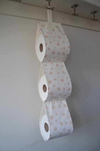 Large Fabric Toilet Paper Holder Dispenser Storage At The Wall/2 - 5 Roll Cream With Beige Hearts. Wall Storage.family Bathroom - image 1