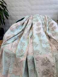 Kantha Stitch Pure Cotton Reversible Bed/Sofa Throw King Size - Tropical Floral Dohar Indian Blankets Pasel Aqua Peach Dreamy Patchwork - thumbnail 1