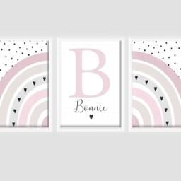 Girls Personalised Rainbow Prints A4 Or A3 Nursery Set Of Unframed Pink Grey Spots Dalmatian Boho Scandi - thumbnail 2