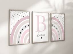 Girls Personalised Rainbow Prints A4 Or A3 Nursery Set Of Unframed Pink Grey Spots Dalmatian Boho Scandi - thumbnail 1