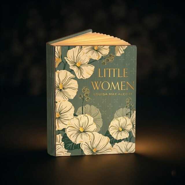 Little Women Folding Book Lamp, Louisa May Alcott Floral Glowing Green Novel Night Light, Classic Literature Desk Lamp - image 1