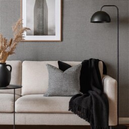 Organic Cotton Houndstooth Cushion Cover - Black Velvet Back, Zip Closure, Handmade in UK - thumbnail 2