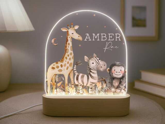Personalised Children's Safari Night Light - Led Lamp Nursery Decor Baby Boy Girl Gift For New Name Sign Jungle Bedroom - image 1