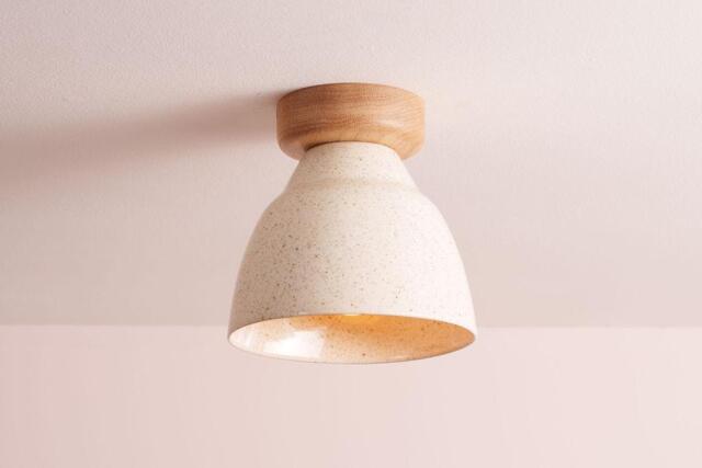 Speckled Cream Gloss Small Element Flush Mount Ceiling Light in Ceramic & Oak - image 1