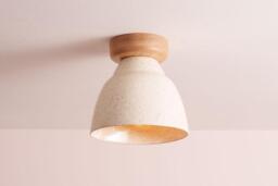 Speckled Cream Gloss Small Element Flush Mount Ceiling Light in Ceramic & Oak