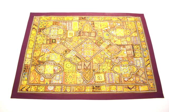 Antique Handmade Tapestry Golden Thread Embroidery Mirror Patch Work Vintage Wall Hanging - image 1