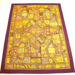 Antique Handmade Tapestry Golden Thread Embroidery Mirror Patch Work Vintage Wall Hanging - thumbnail 2