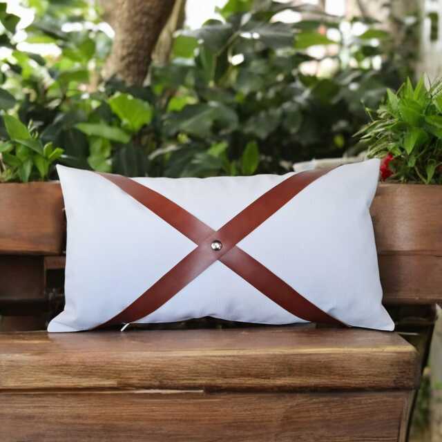 White Faux Leather Pillow Cover With Cognac Straps Designer Throw - image 1