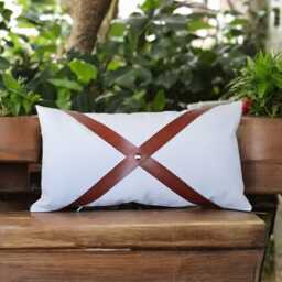 White Faux Leather Pillow Cover With Cognac Straps Designer Throw