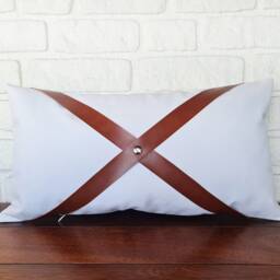 White Faux Leather Pillow Cover With Cognac Straps Designer Throw - thumbnail 2