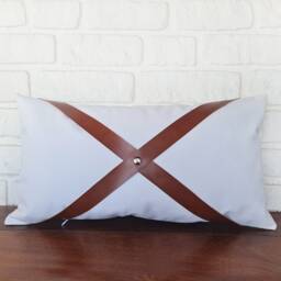 White Faux Leather Pillow Cover With Cognac Straps Designer Throw - thumbnail 3