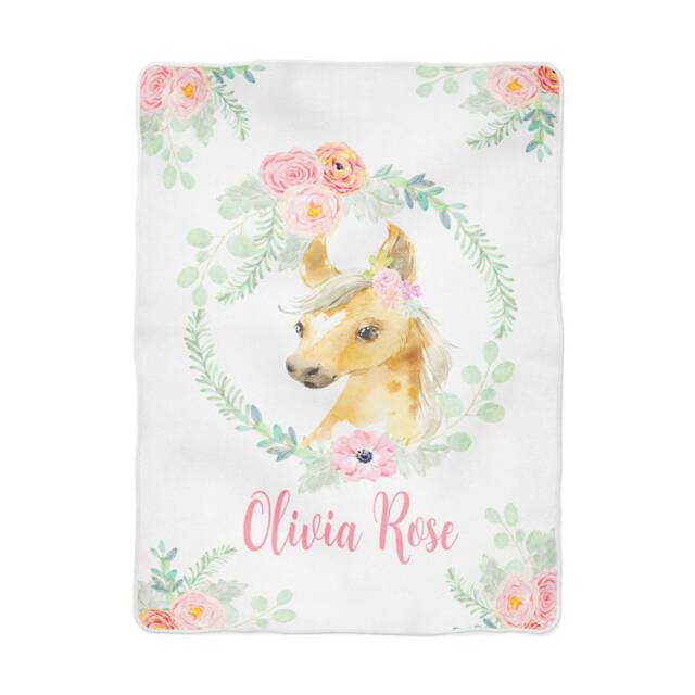 Baby Girl Horse Farm Floral Blanket Personalized in Fleece, Minky, Or Sherpa. Perfect Gift Custom Swaddle Receiving Blanky Blankie - image 1