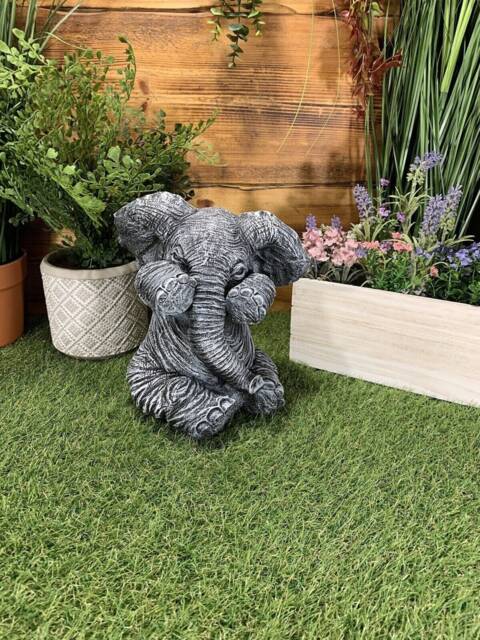 Stone Garden Cute Shy Sitting Baby Elephant Gift Statue Ornament - image 1