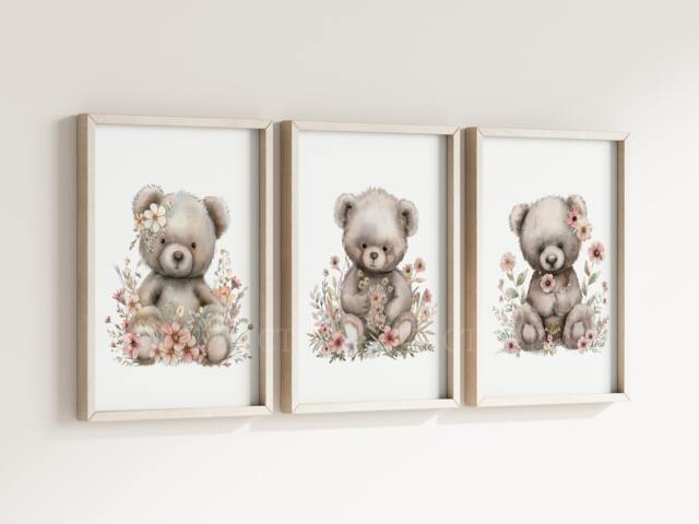 Baby Nursery Teddy Bear Prints - A4 Or A3 Size Wildflower Girl Wall Art Neutral Beige Pink Natural Boho Floral - image 1