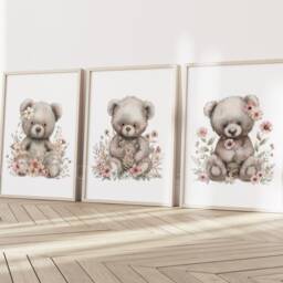 Baby Nursery Teddy Bear Prints - A4 Or A3 Size Wildflower Girl Wall Art Neutral Beige Pink Natural Boho Floral - thumbnail 2
