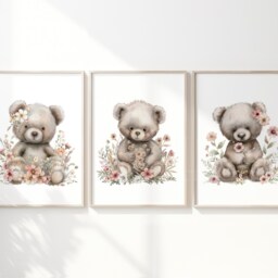 Baby Nursery Teddy Bear Prints - A4 Or A3 Size Wildflower Girl Wall Art Neutral Beige Pink Natural Boho Floral - thumbnail 3