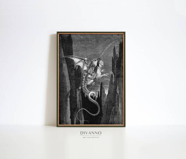 Antique Hell Print, Dore Poster, Halloween Home Decor, Dark Academia Wall Art, Descent Into Abyss On Geryons Back Inferno Canvas, Gothic Art - image 1