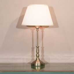 Classic Traditional Candlestick Metal Satin Brass Table Lamp With Pleated Shade - thumbnail 4