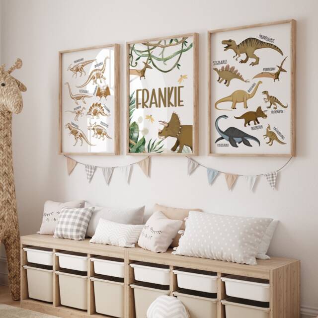 Personalised Watercolor Dinosaur Prints Kids Nursery Decor, Set Of 3 - image 1