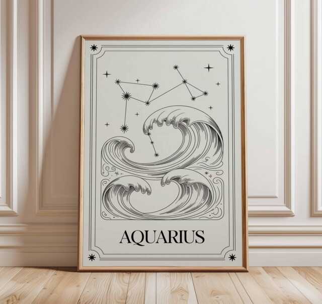 Aquarius Zodiac Wall Art, Line Drawing Print, Celestial Astrology Poster, Water Bearer Decor, Minimalist Horoscope Art, Modern Boho Print - image 1
