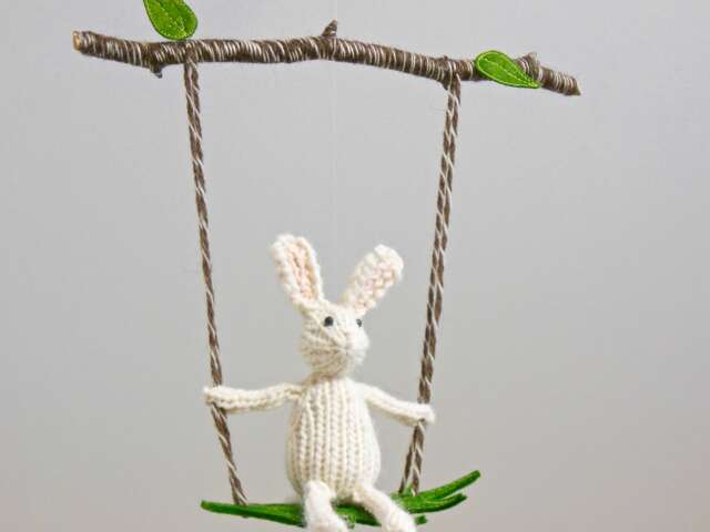 Bunny Baby Mobile, White Nursery, Woodland Gender Neutral Decor, Knit Bunny - image 1