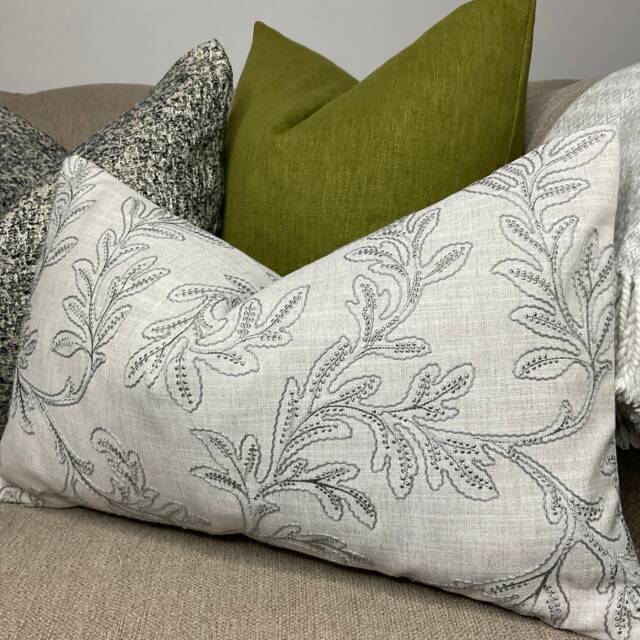 "Leaf Floral Grey Cushion Cover, Modern Pillow Cover , Throw - John Lewis Fabric Embroidered Acanthus, Countryside Home, 12""x20" - image 1