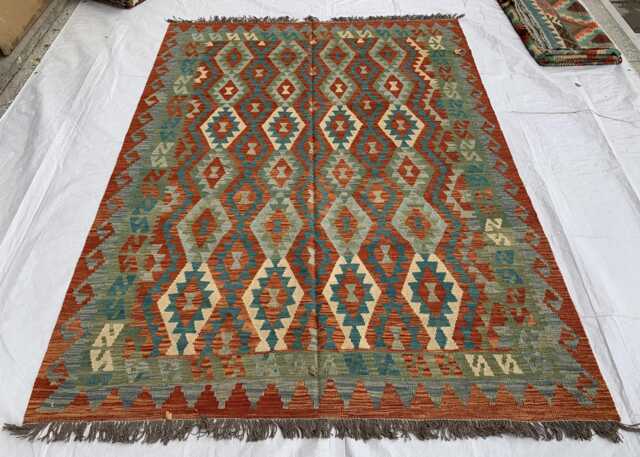 7x10 Ft Afghan Kilim Rug Handmade Wool Flatweave Rug, Green & Red - image 1