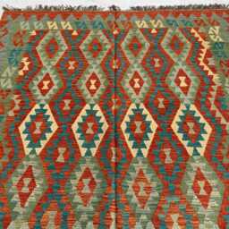 7x10 Ft Afghan Kilim Rug Handmade Wool Flatweave Rug, Green & Red - thumbnail 3