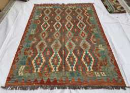 7x10 Ft Afghan Kilim Rug Handmade Wool Flatweave Rug, Green & Red - thumbnail 1