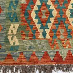 7x10 Ft Afghan Kilim Rug Handmade Wool Flatweave Rug, Green & Red - thumbnail 2