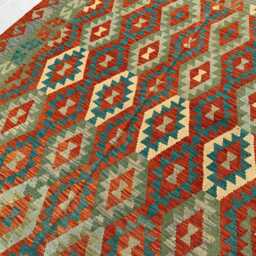 7x10 Ft Afghan Kilim Rug Handmade Wool Flatweave Rug, Green & Red - thumbnail 4