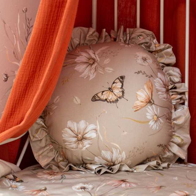 Floral Cotton Pillow Golden Meadow, Ruffled Boho Decor - image 1