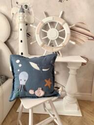 Embroidered Linen Ocean Nursery Pillow, Whale, Octopus, Shell - thumbnail 1