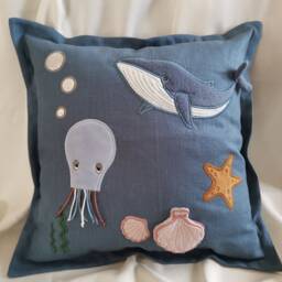Embroidered Linen Ocean Nursery Pillow, Whale, Octopus, Shell - thumbnail 2