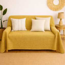 Yellow Throw Blanket, Recycled Cotton Sofa Cover, Large Woven Bed Mustard Home Decor Ecofriendly - thumbnail 3