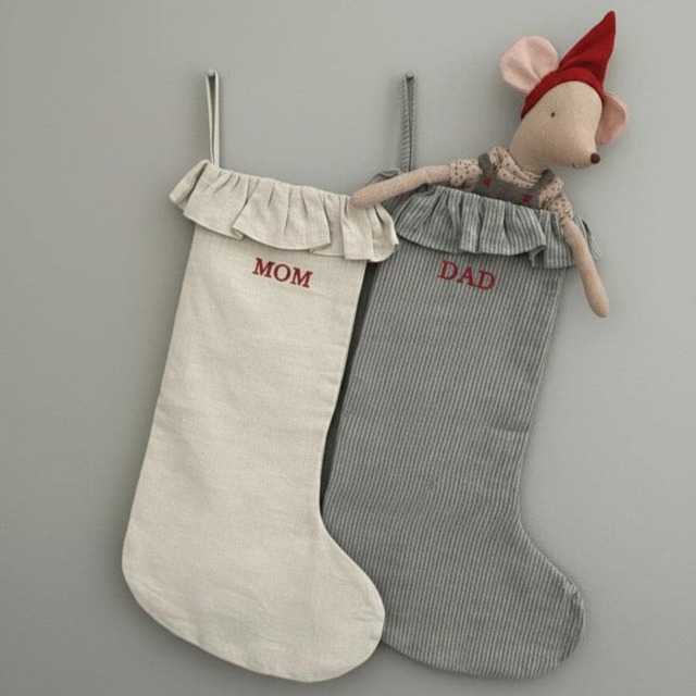 Custom Linen Family Stocking With Ruffles, Handmade Holiday Stocking, Christmas Gift, Kids Gift For - image 1