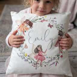 Personalised Fairy Name Cushion, Floral Woodland Nursery Pillow, Custom Girl Decor - thumbnail 1