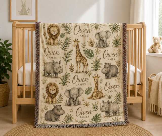 Personalized Safari Woven Blanket, Custom Name Baby Jungle Animal Nursery Decor, Gift, Woodland Throw - image 1