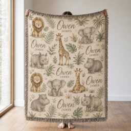 Personalized Safari Woven Blanket, Custom Name Baby Jungle Animal Nursery Decor, Gift, Woodland Throw - thumbnail 2