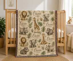 Personalized Safari Woven Blanket, Custom Name Baby Jungle Animal Nursery Decor, Gift, Woodland Throw - thumbnail 1