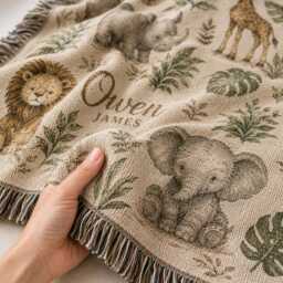 Personalized Safari Woven Blanket, Custom Name Baby Jungle Animal Nursery Decor, Gift, Woodland Throw - thumbnail 3