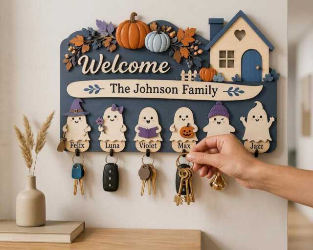Custom Family Ghost Key Holder, Personalized Halloween Wooden Wall Decor - image 1